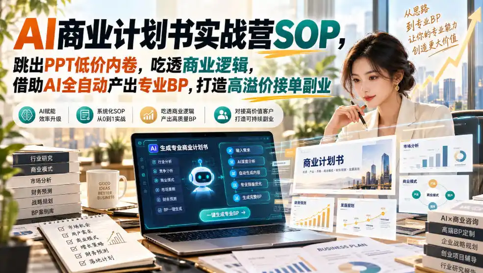 AI商业计划书实战营SOP，跳出PPT低价内卷，吃透商业逻辑，借助AI全自动产出专业BP，打造高溢价接单副业-一起筹课网