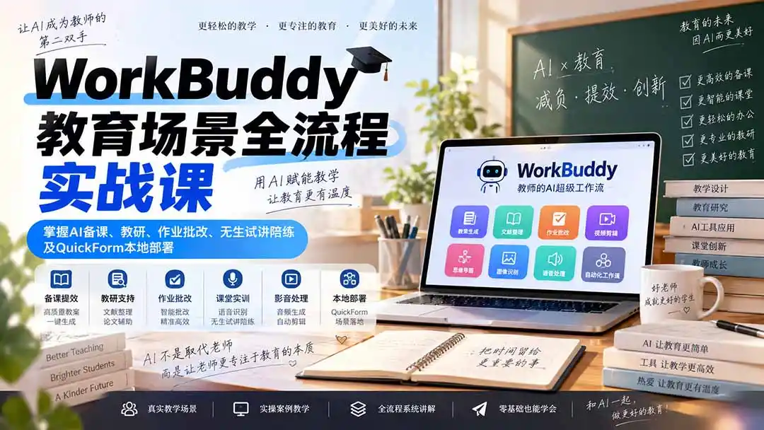 WorkBuddy教育场景全流程实战课：掌握AI备课、教研、作业批改、无生试讲陪练及QuickForm本地部署-一起筹课网