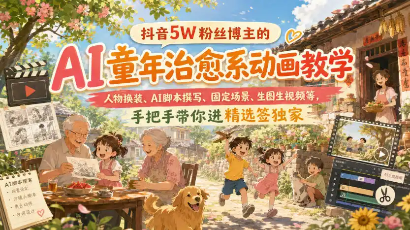 抖音5W粉丝博主的AI童年治愈系动画教学，人物换装、AI脚本撰写、固定场景、生图生视频等，手把手带你进精选签独家-一起筹课网