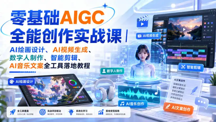 零基础AIGC全能创作实战课｜AI绘画设计、AI视频生成、数字人制作、智能剪辑、AI音乐文案全工具落地教程-一起筹课网