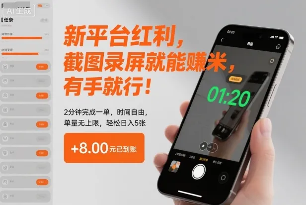 新平台红利，截图录屏就能賺米，有手就行！2分钟完成一单，时间自由，单量无上限，轻松日入5张【揭秘】-一起筹课网