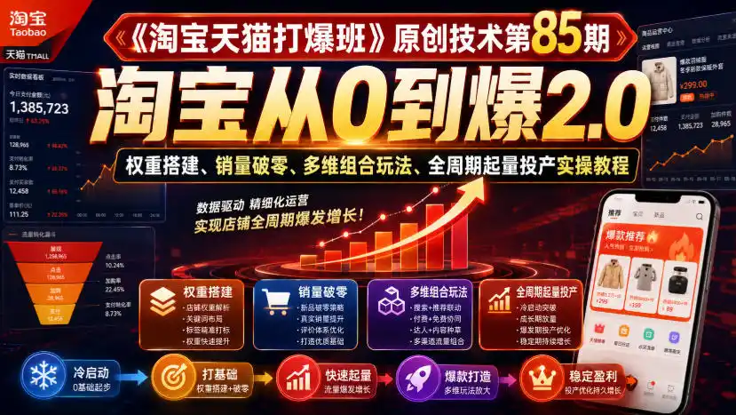《淘宝天猫打爆班》原创技术第85期，淘宝从0到爆2.0，权重搭建、销量破零、多维组合玩法、全周期起量投产实操教程-一起筹课网