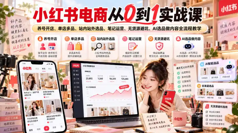 小红书电商从0到1实战课｜养号开店、单店多品、站内站外选品、笔记运营、无货源避坑、AI选品做内容全流程教学-一起筹课网