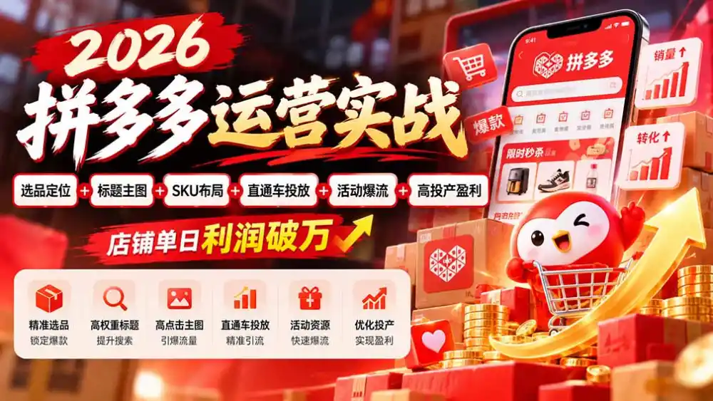 2026拼多多运营实战-更新1002：选品定位+标题主图+SKU布局+直通车投放+活动爆流+高投产盈利 店铺单日利润破万-一起筹课网