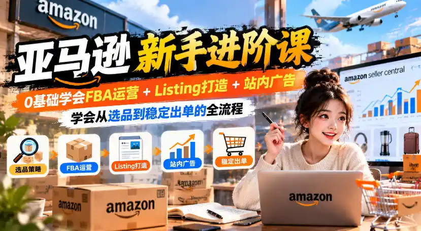 亚马逊新手进阶课，0基础学会FBA运营+Listing打造+站内广告，学会从选品到稳定出单的全流程-一起筹课网