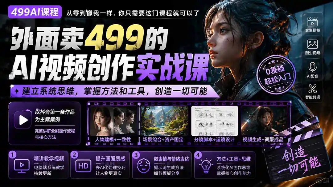 外面卖499的AI视频创作实战课：建立系统思维，掌握方法和工具，创造一切可能。-一起筹课网