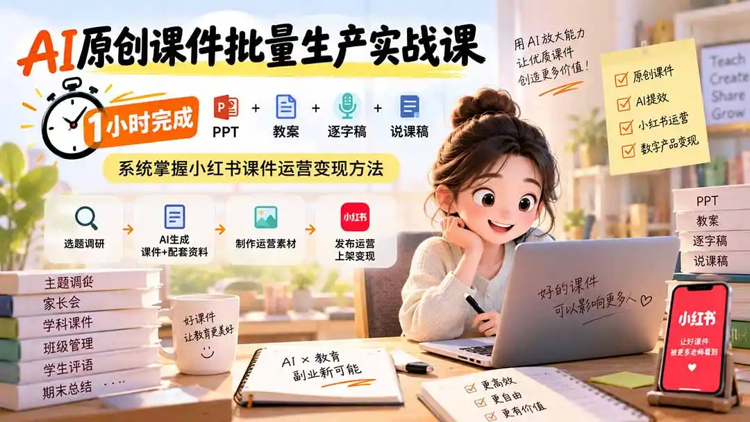 AI原创课件批量生产实战课：1小时完成PPT+教案+逐字稿+说课稿，系统掌握小红书课件运营变现方法-一起筹课网
