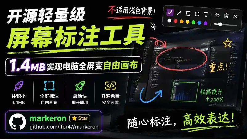 开源轻量级屏幕标注工具,1.4MB实现电脑全屏变自由画布!支持8种标注工具和全键盘操控MarkerOn