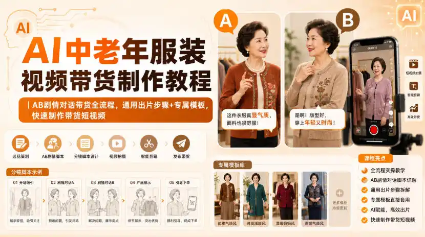 AI中老年服装视频带货制作教程|AB剧情对话带货全流程,通用出片步骤+专属模板,快速制作带货短视频-一起筹课网