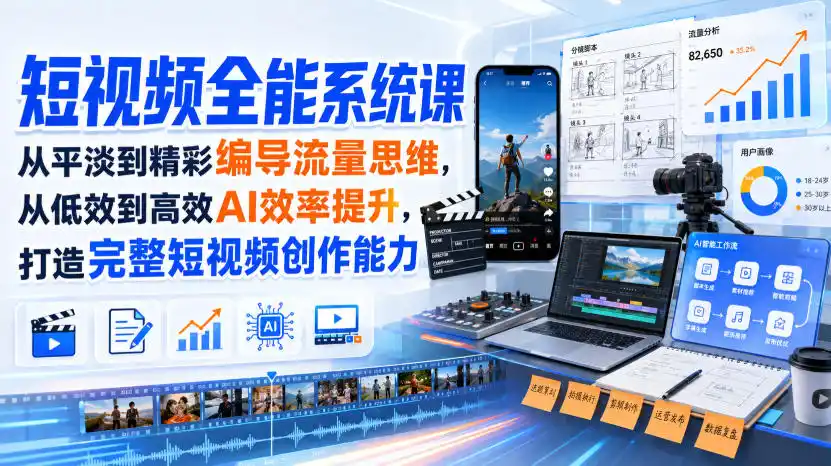 短视频全能系统课,从平淡到精彩编导流量思维,从低效到高效AI效率提升,打造完整短视频创作能力(2026年8月30更新233集)-一起筹课网