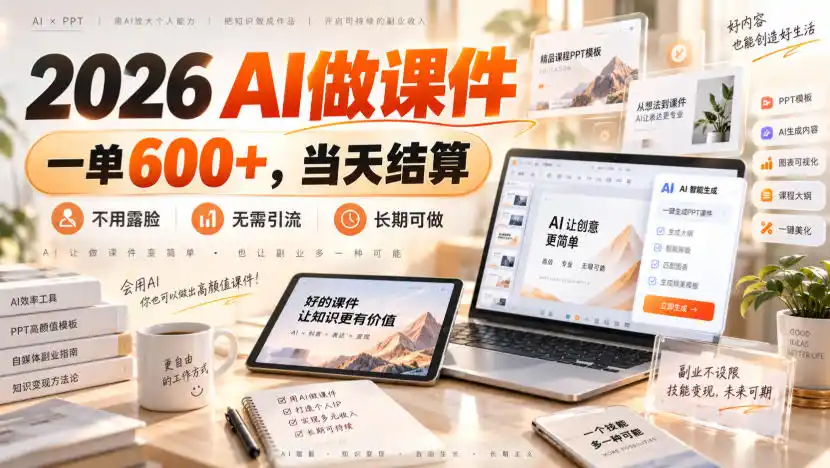 2026 AI做课件，一单600+，当天结算，不用露脸，无需引流，长期可做【揭秘】-一起筹课网