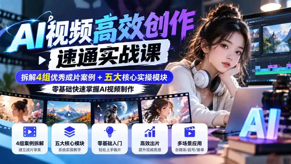 【无水印】AI视频高效创作速通实战课：拆解4组优秀成片案例+五大核心实操模块，零基础快速掌握AI视频制作-一起筹课网