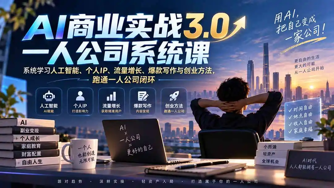 AI商业实战3.0一人公司系统课：系统学习人工智能、个人IP、流量增长、爆款写作与创业方法，跑通一人公司闭环-一起筹课网