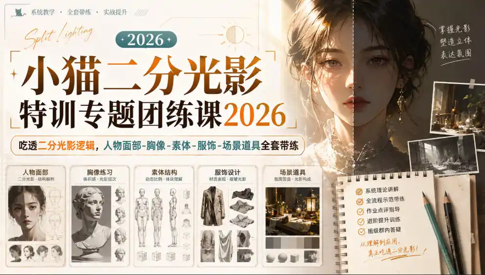小猫二分光影特训专题团练课2026｜吃透二分光影逻辑，人物面部‑胸像‑素体‑服饰‑场景道具全套带练，高清画质附赠课件与笔刷-一起筹课网
