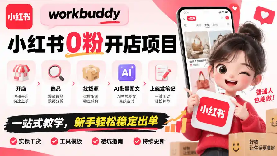 workbuddy小红书0粉开店项目,开店、选品、找货源、AI批量图文、上架发笔记一站式教学,新手轻松稳定出单-一起筹课网