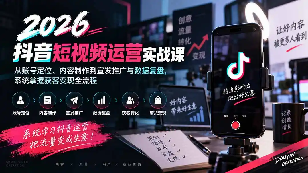 2026抖音短视频运营实战课：从账号定位、内容制作到宣发推广与数据复盘，系统掌握获客变现全流程-一起筹课网