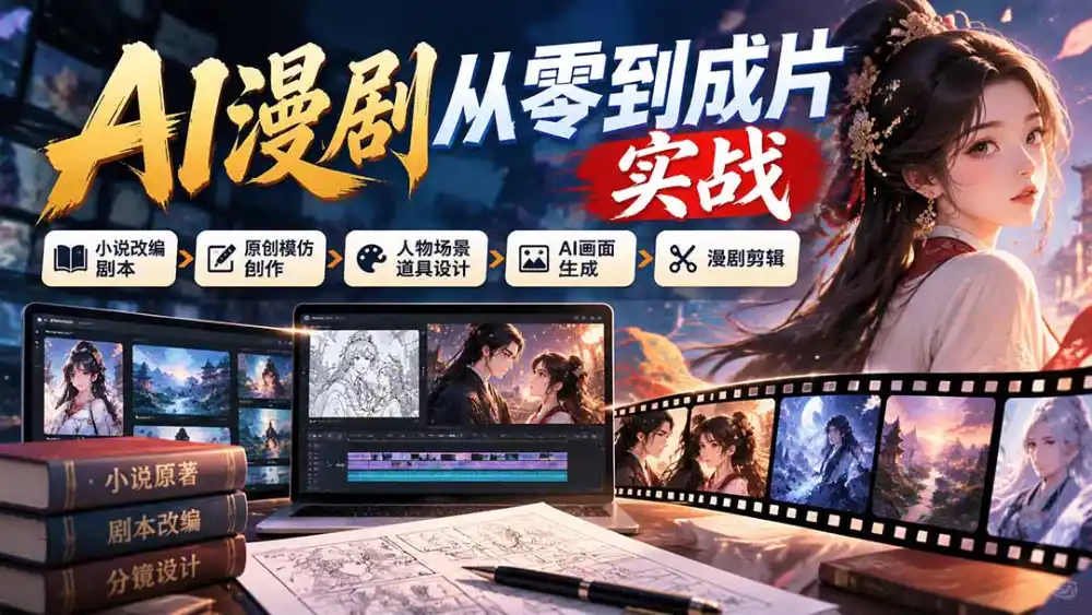 AI漫剧从零到成片实战：小说改编剧本、原创模仿创作、人物场景道具设计、AI画面生成与漫剧剪辑-一起筹课网