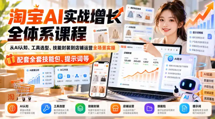 淘宝AI实战增长全体系课程，从AI认知、工具选型、技能封装到店铺运营全场景实操，配套全套技能包、提示词等-一起筹课网
