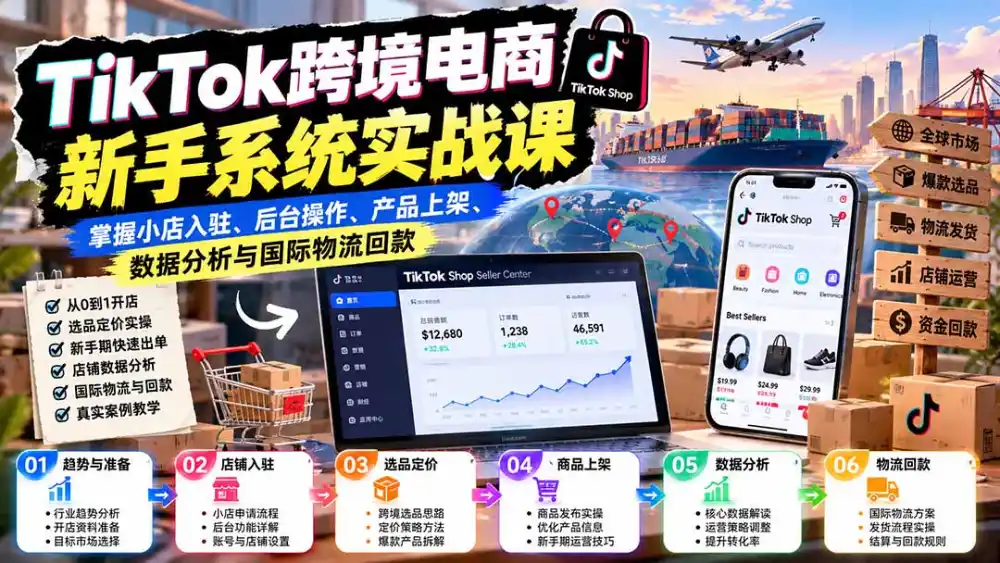 TikTok跨境电商新手系统实战课：掌握小店入驻、后台操作、产品上架、数据分析与国际物流回款-一起筹课网
