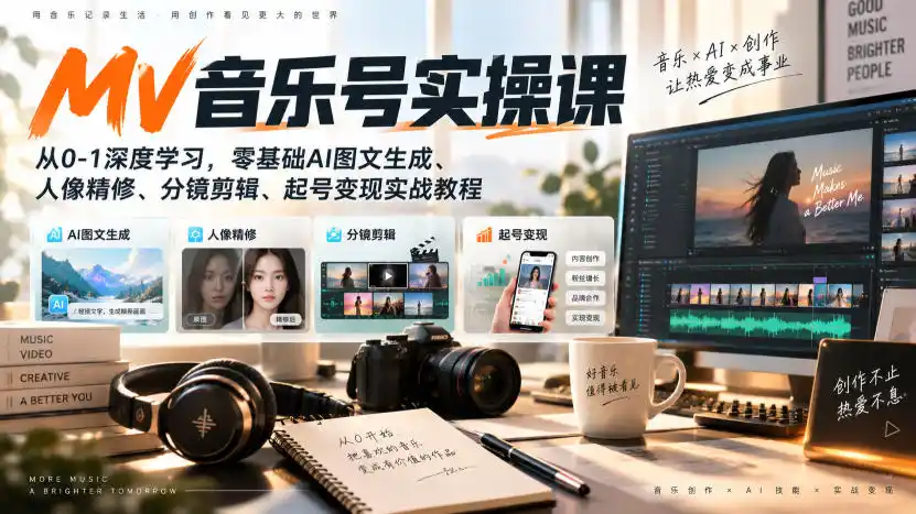 AI MV音乐号实操课，从0-1深度学习，零基础AI图文生成、人像精修、分镜剪辑、起号变现实战教程-一起筹课网