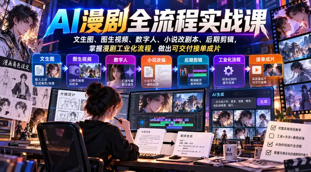 AI漫剧全流程实战课，文生图、图生视频、数字人、小说改剧本、后期剪辑，掌握漫剧工业化流程，做出可交付接单成片-一起筹课网