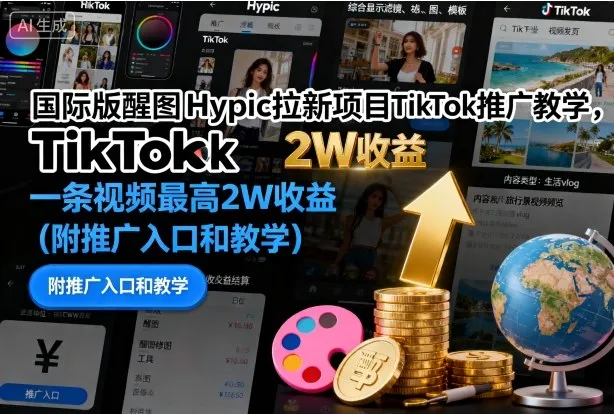 国际版醒图Hypic拉新项目TikTok推广教学，一条视频最高2W收益(附推广入口和教学)-一起筹课网