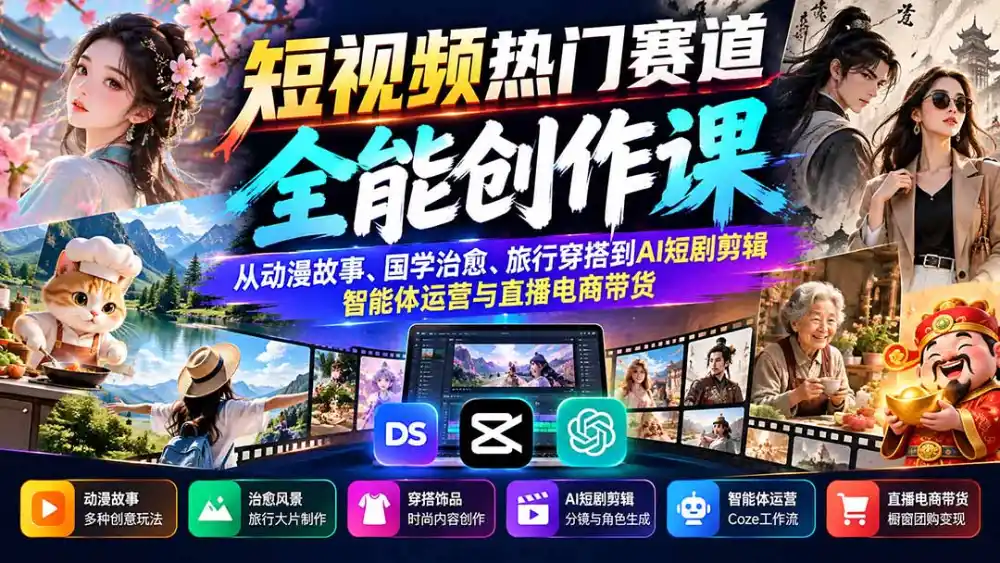 短视频热门赛道全能创作课：从动漫故事、国学治愈、旅行穿搭到AI短剧剪辑、智能体运营与直播电商带货-一起筹课网