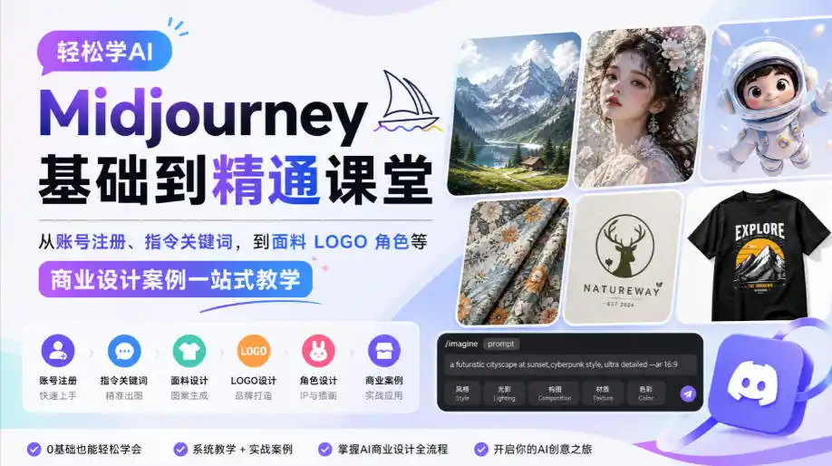 轻松学AI Midjourney基础到精通课堂，从账号注册、指令关键词，到面料LOGO角色等商业设计案例一站式教学-一起筹课网