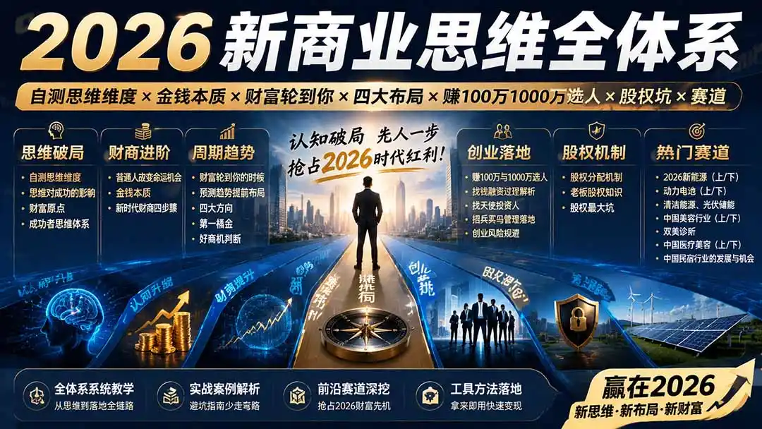 2026新商业思维全体系：自测思维维度×金钱本质×财富轮到你×四大布局×赚100万1000万选人×股权坑×赛道-一起筹课网