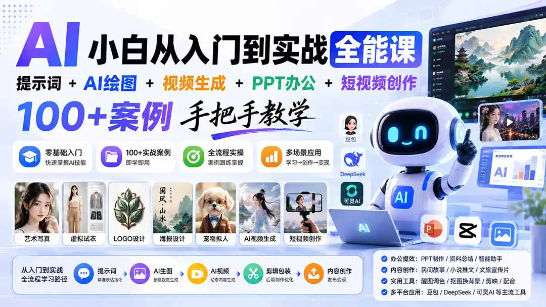 AI小白从入门到实战全能课：提示词+AI绘图+视频生成+PPT办公+短视频创作，100+案例手把手教学-一起筹课网