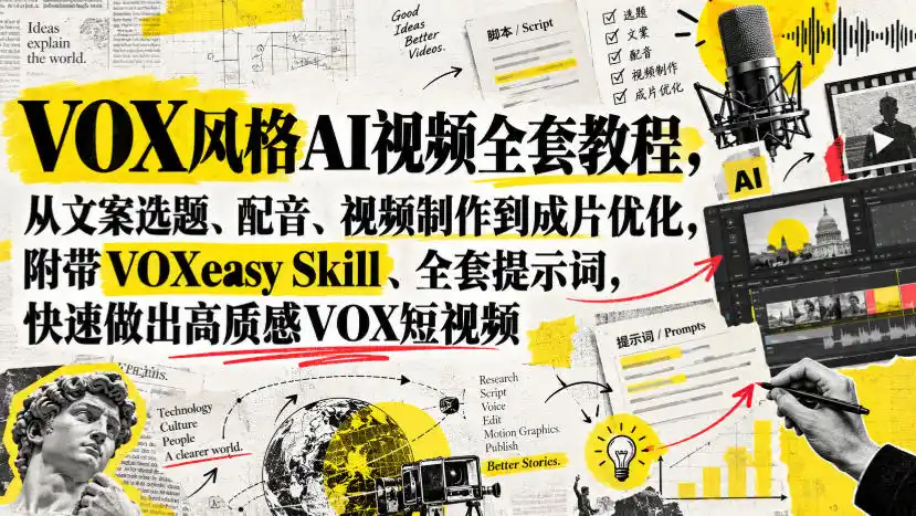 VOX风格AI视频全套教程，从文案选题、配音、视频制作到成片优化，附带VOXeasy Skill、全套提示词，快速做出高质感VOX短视频-一起筹课网