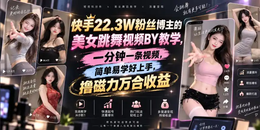 快手22.3W粉丝博主的美女跳舞视频搬运教学，快手MT搬运，一分钟一条视频，简单易学好上手，撸磁力万合收益-一起筹课网