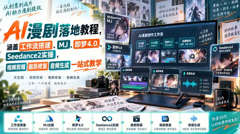 AI漫剧落地教程，涵盖工作流搭建、MJ、即梦4.0、Seedance2实操，视频剪辑画质修复音频生成一站式教学-一起筹课网
