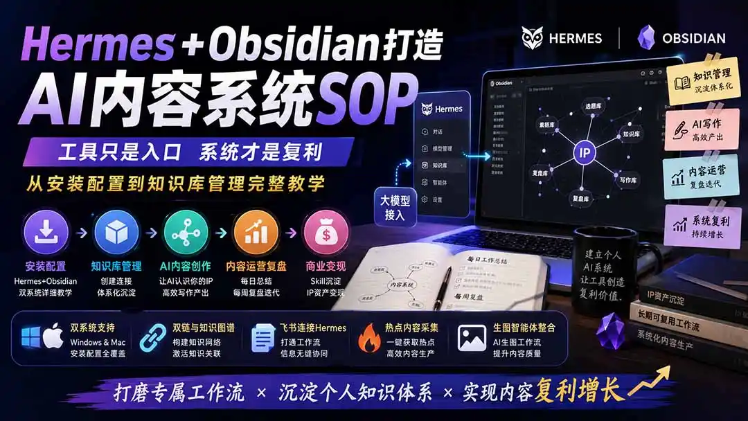 Hermes+Obsidian打造AI内容系统SOP；工具只是入口系统才是复利，从安装配置到知识库管理完整教学-一起筹课网