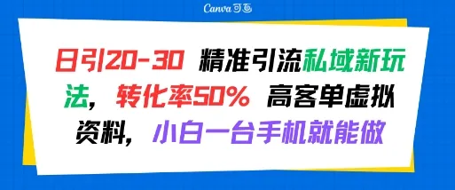 日引 20-30 精准引流私域新玩法，转化率50% 高客单虚拟资料，小白一台手机就能做-一起筹课网
