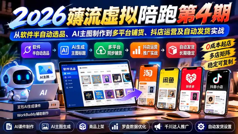 2026薅流虚拟陪跑第4期：从软件半自动选品、AI主图制作到多平台铺货、抖店运营及自动发货实战-一起筹课网