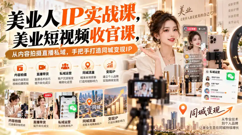 【无水印】美业人IP实战课，美业短视频收官课，从内容拍摄直播私域，手把手打造同城变现IP-一起筹课网