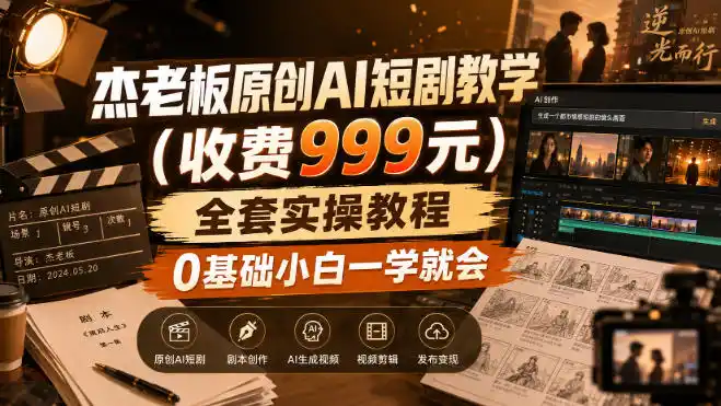 杰老板原创AI短剧教学(收费999元)，全套实操教程，0基础小白一学就会，非搬运技术-一起筹课网