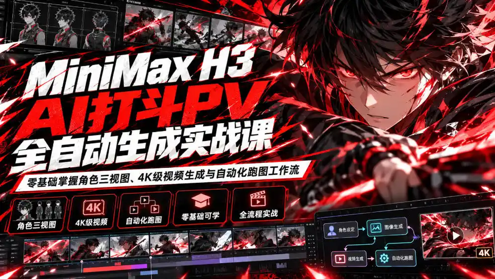 MiniMax H3 AI打斗PV全自动生成实战课：零基础掌握角色三视图、4K级视频生成与自动化跑图工作流-一起筹课网