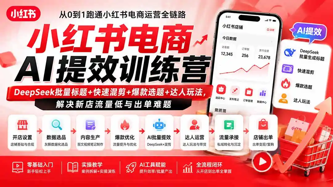 小红书电商AI提效训练营—DeepSeek批量标题+快速混剪+爆款选题+达人玩法，解决新店流量低与出单难题-一起筹课网