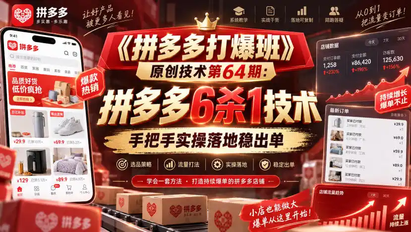《拼多多打爆班》原创技术第64期：拼多多6杀1技术，手把手实操落地稳出单-一起筹课网