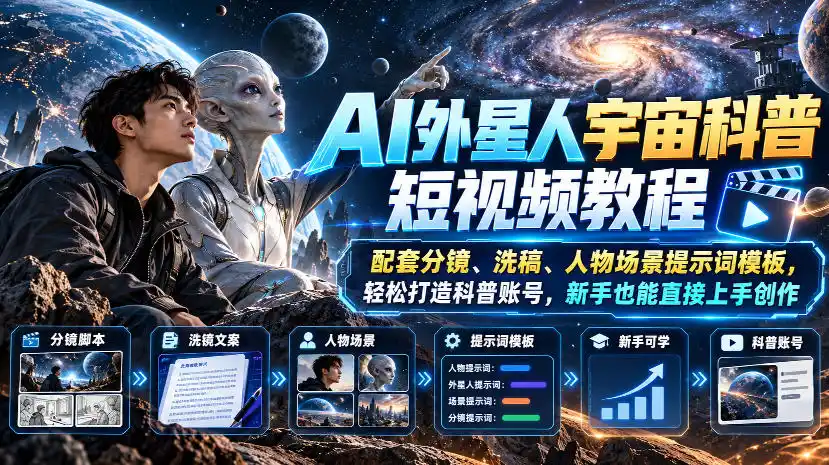 AI外星人宇宙科普短视频教程，配套分镜、洗稿、人物场景提示词模板，轻松打造科普账号，新手也能直接上手创作-一起筹课网