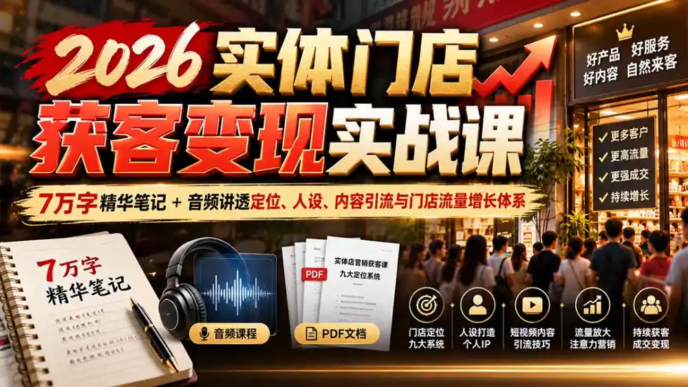 2026实体门店获客变现实战课：7万字精华笔记+音频讲透定位、人设、内容引流与门店流量增长体系-一起筹课网