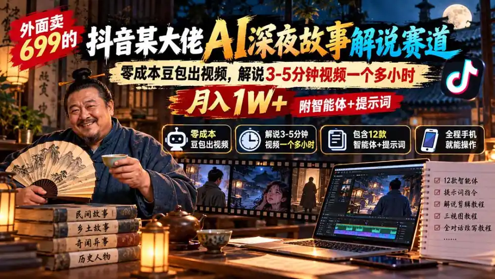 外面卖699抖音某大佬AI深夜故事解说赛道-更新：0成本豆包出视频+解说3-5分钟视频一个多小时，月入1W+附智能体+提示词-一起筹课网
