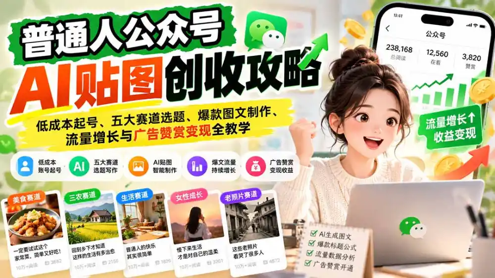 普通人公众号AI贴图创收攻略：低成本起号、五大赛道选题、爆款图文制作、流量增长与广告赞赏变现全教学-一起筹课网