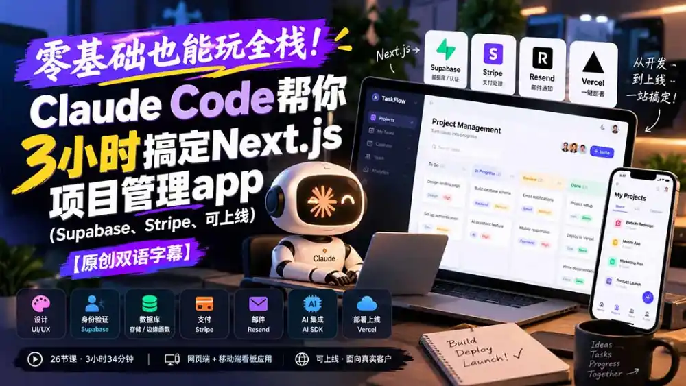 零基础也能玩全栈!Claude Code帮你3小时搞定Next.js项目管理app(Supabase、Stripe、可上线-一起筹课网