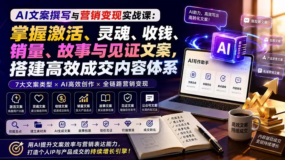 AI文案撰写与营销变现实战课：掌握激活、灵魂、收钱、销量、故事与见证文案，搭建高效成交内容体系-一起筹课网