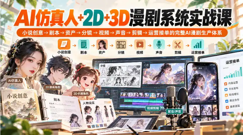 【无水印】AI仿真人+2D+3D漫剧系统实战课，小说创意→剧本→资产→分镜→视频→声音→剪辑→运营接单的完整AI漫剧生产体系-一起筹课网