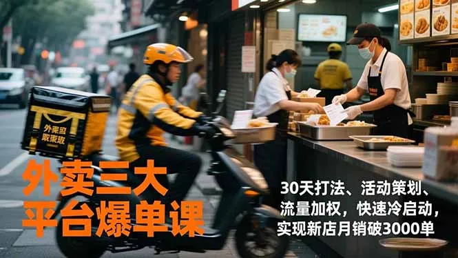 外卖三大平台爆单课，30天打法、活动策划、流量加权，快速冷启动，实现新店月销破3000单-一起筹课网