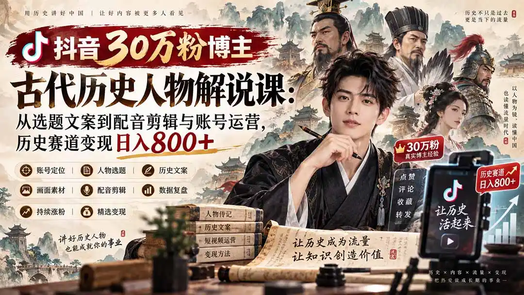 抖音30万粉博主古代历史人物解说课：从选题文案到配音剪辑与账号运营，历史赛道变现日入800+-一起筹课网